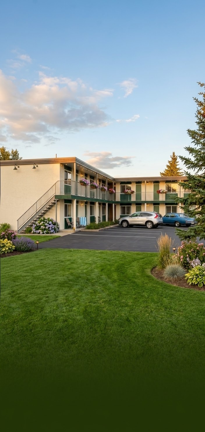 Pine Creek Motel in Waskatenau, Alberta — a two-storey motel with green doors behind a manicured lawn and flowerbeds